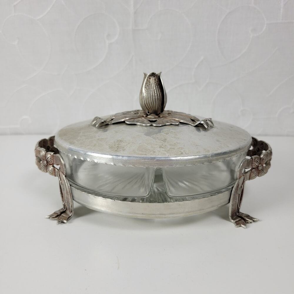 Vintage Rodney Kent Divided Glass Dish Hand Wrought Aluminum Floral Tulip Cover